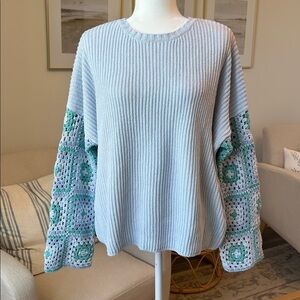 Le Lis Granny Square Crochet sleeve Oversized Boxy Pullover Sweater Light Blue